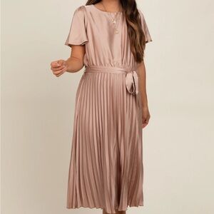Mocha Satin Pleated Sash Tie Maternity Midi Dress